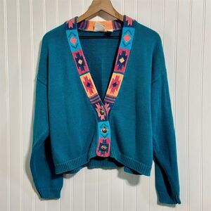 Vintage Nuovo Cardigan Large Teal Southwestern Aztec Print Concho Buttons 90s